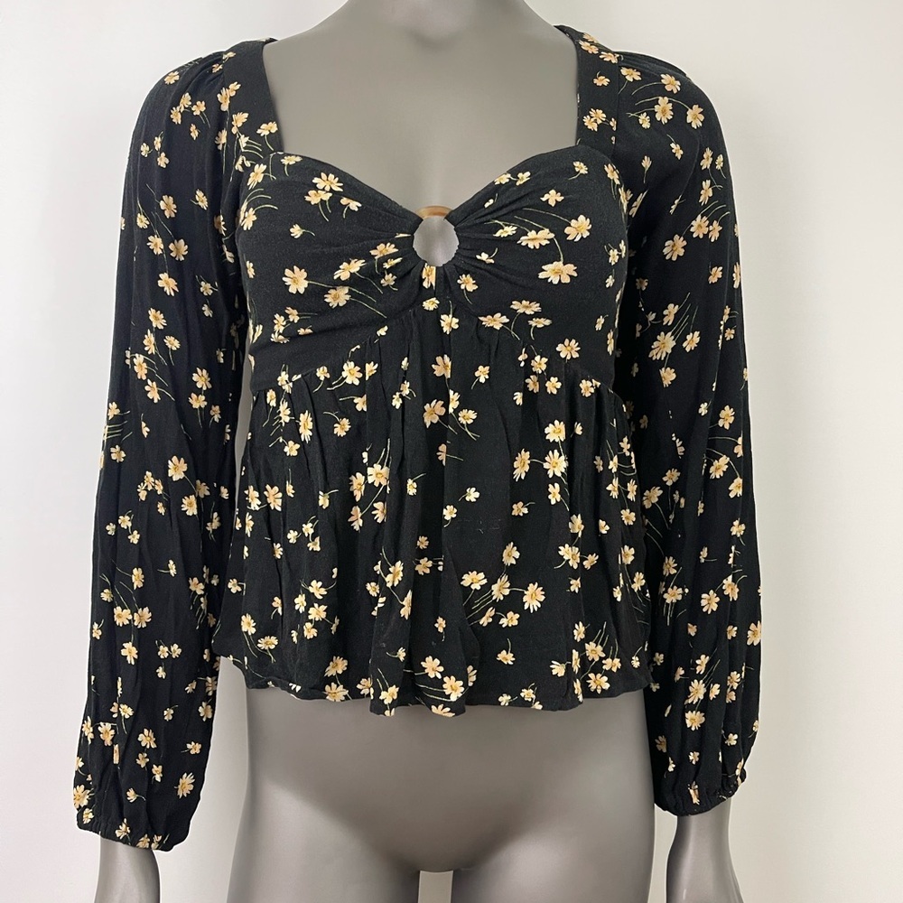 American Eagle Outfitters Blouse Womens S Black w. Yellow Floral Puff Sleeve Top